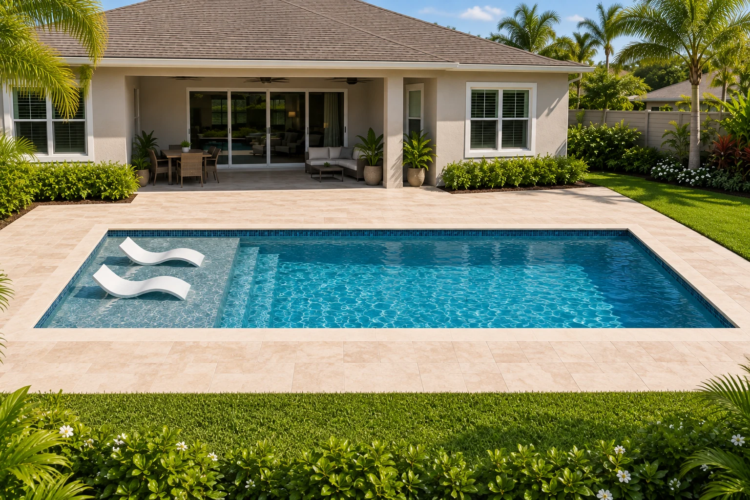 Rectangular inground pool concept with two loungers on a shallow shelf, one connected stair transition, and a level stone deck