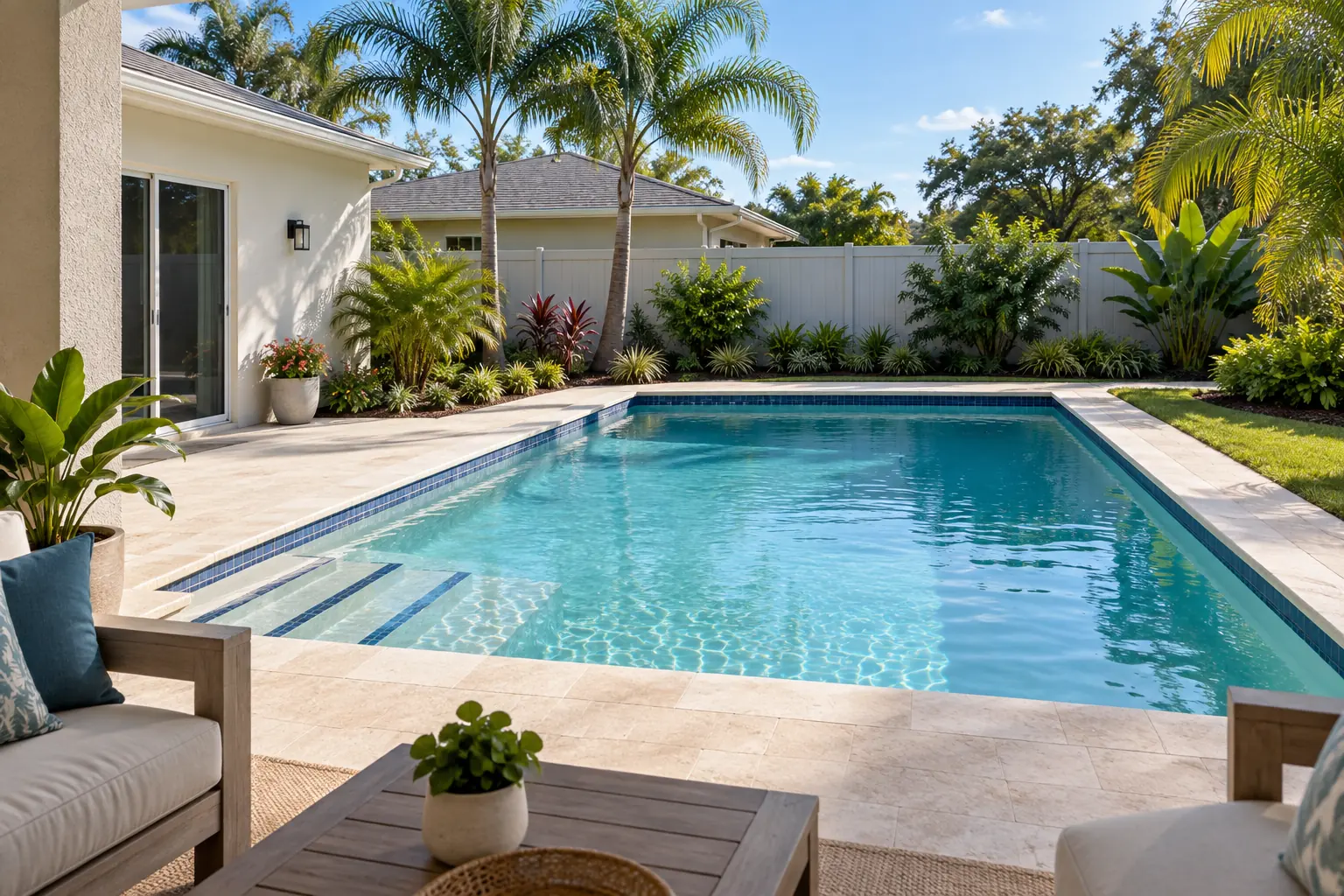 Pool renovation concept with blue water, light stone coping, and a simple shaded patio